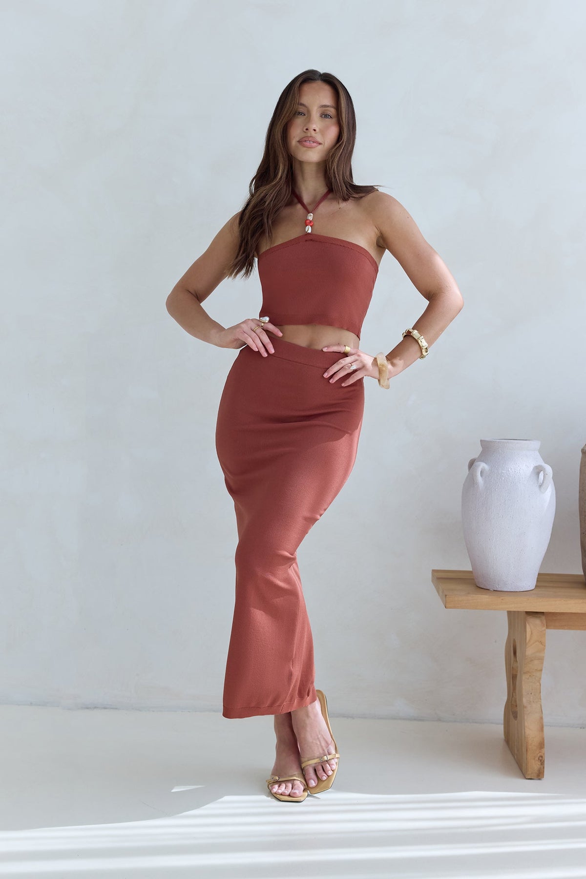 Secret Kisses Halter Knit Crop Top Clay