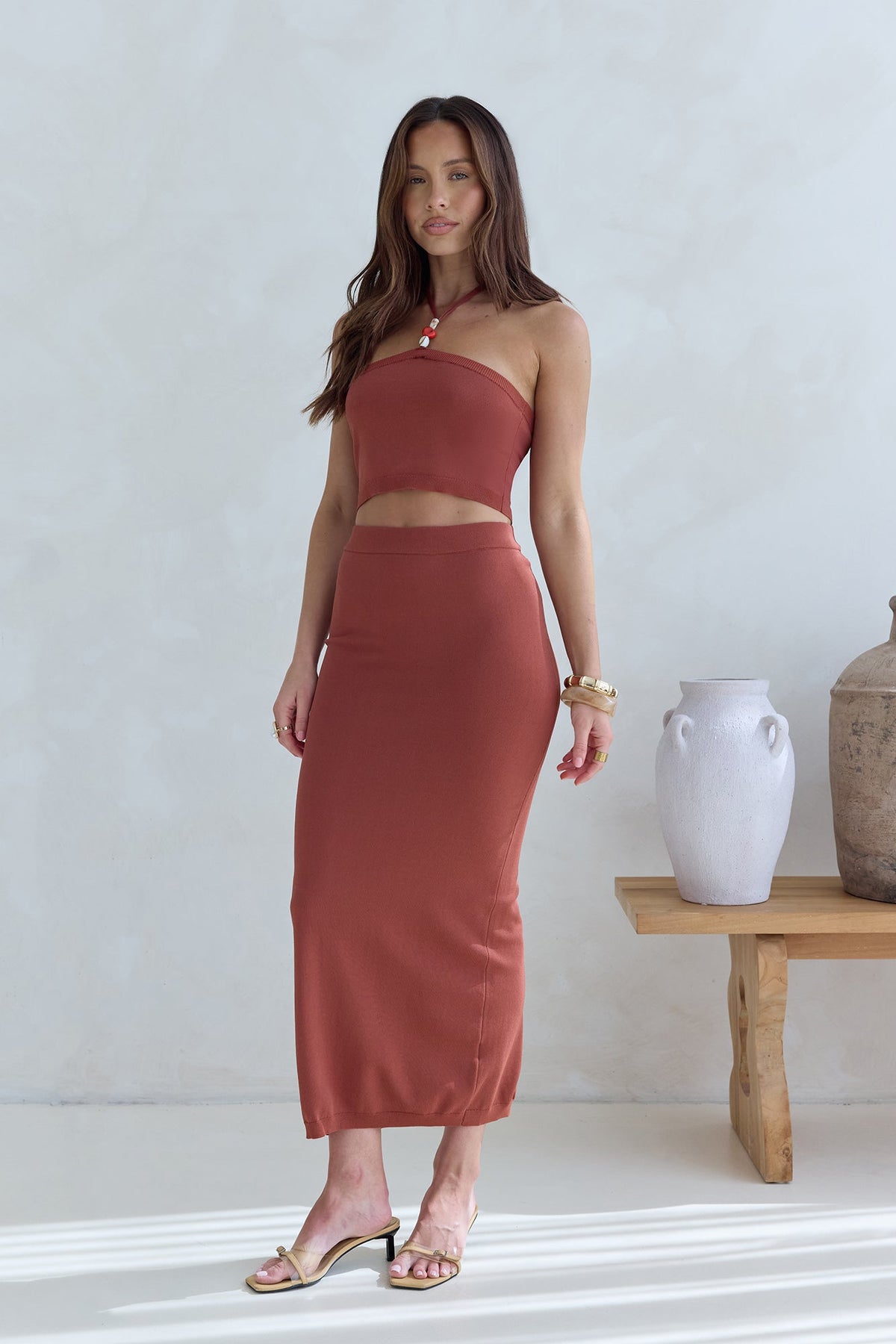 Secret Kisses Halter Knit Crop Top Clay