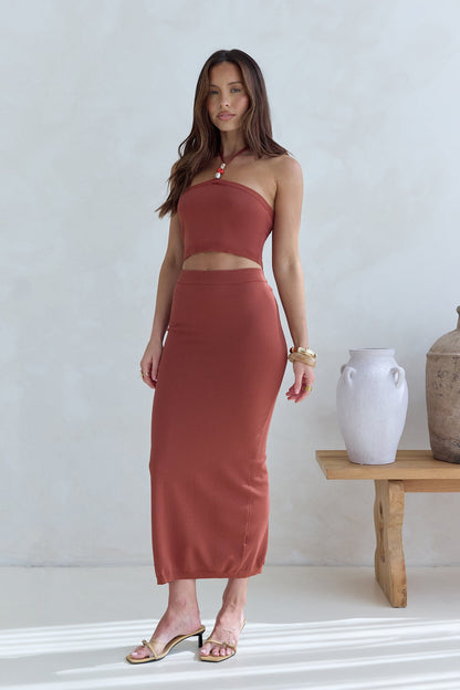 Secret Kisses Halter Knit Crop Top Clay