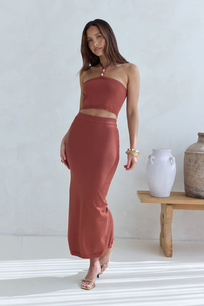 Secret Kisses Halter Knit Crop Top Clay