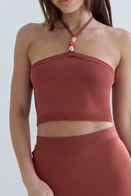 Secret Kisses Halter Knit Crop Top Clay