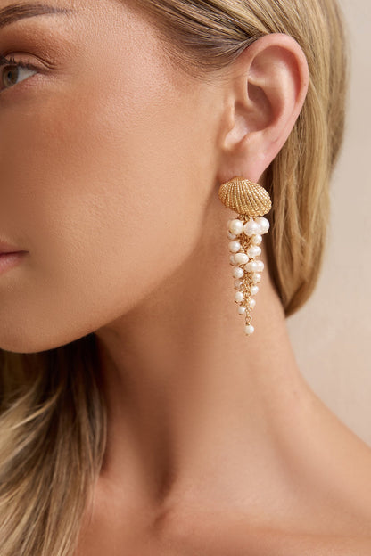 Seashell Pearl Earrings Gold