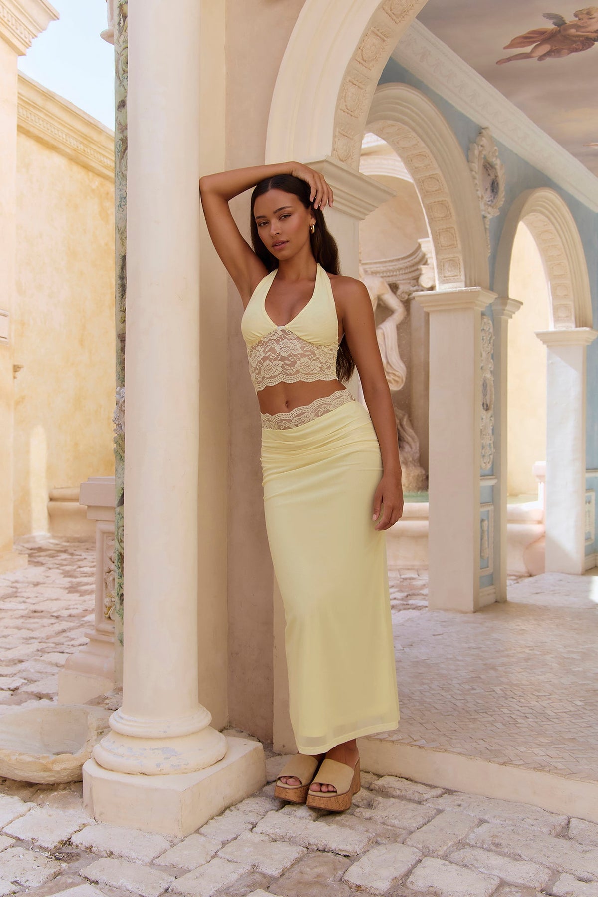 Statement Gaze Lace Halter Crop Top Yellow